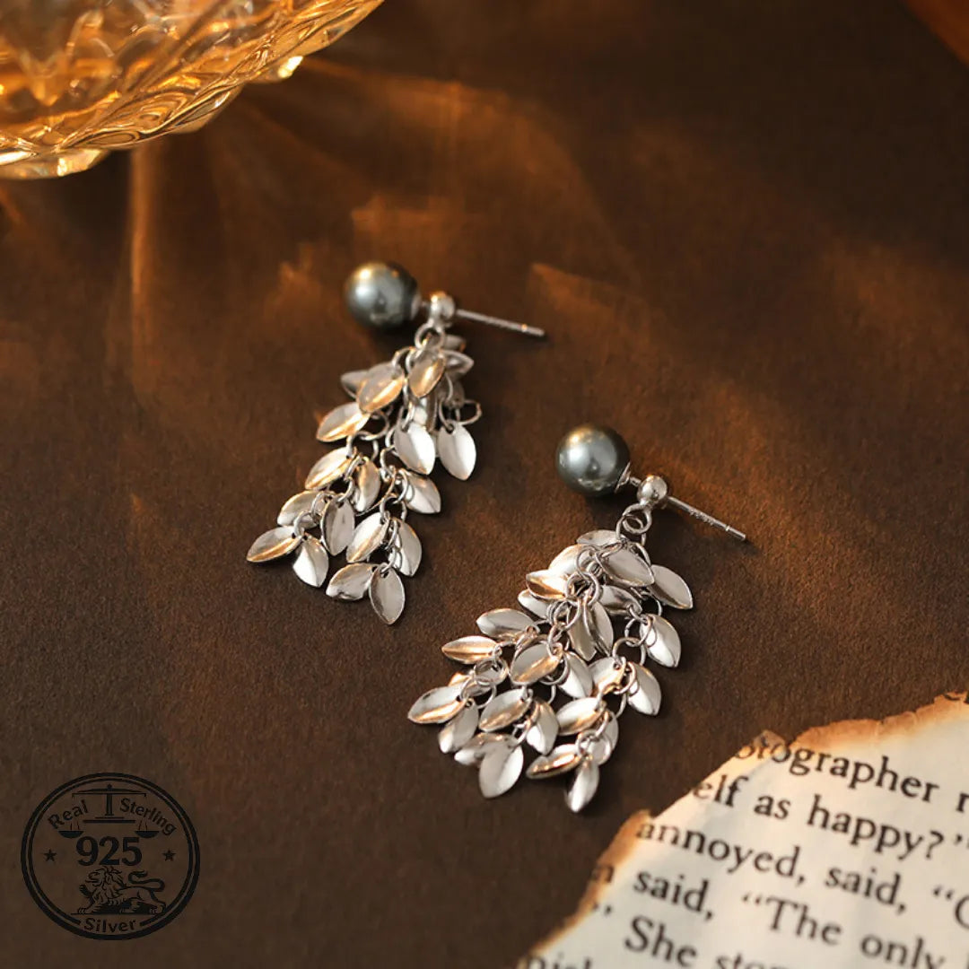 Leaf Dangle Earrings in 925 Sterling Silver Pearl Tassel Style
