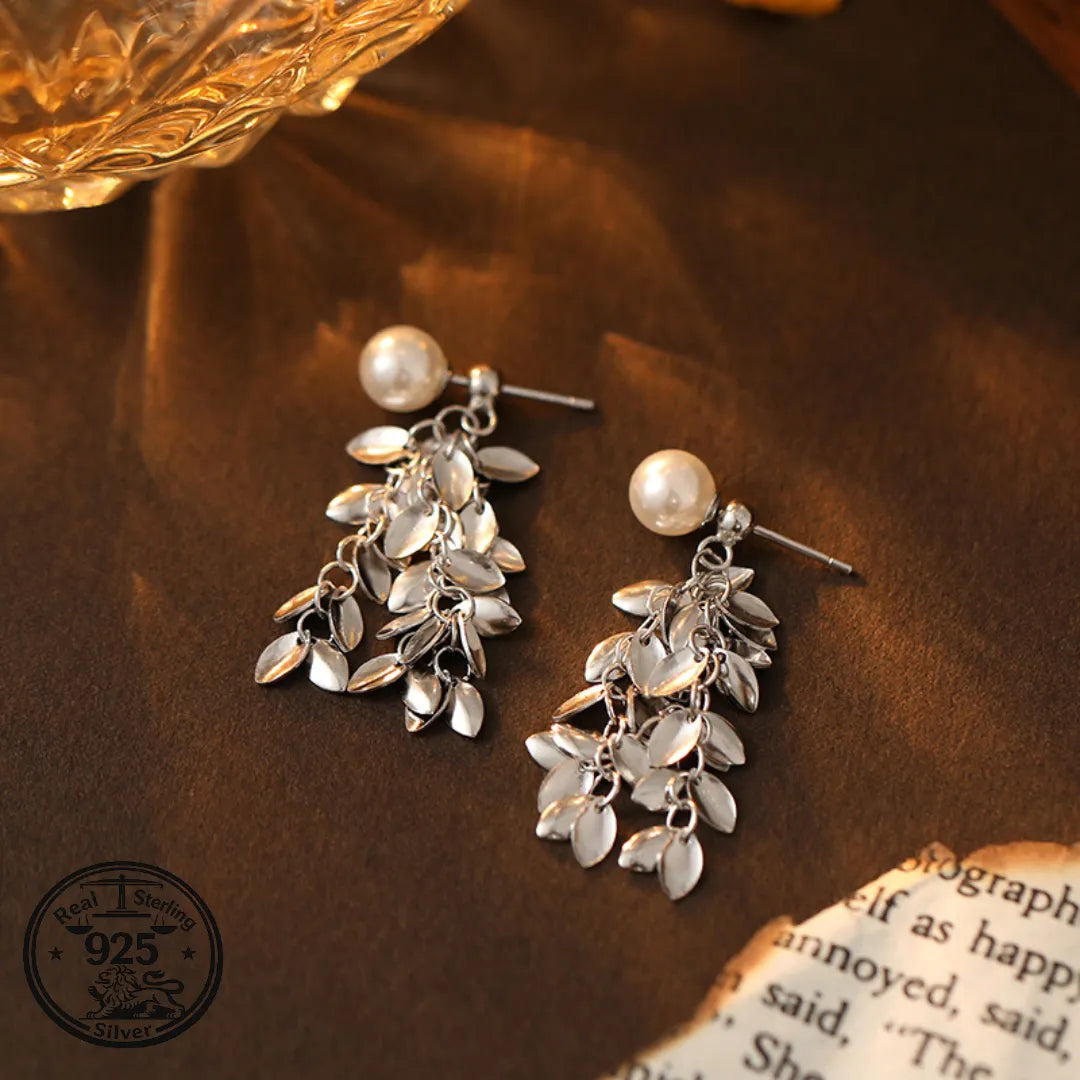 Leaf Dangle Earrings in 925 Sterling Silver Pearl Tassel Style