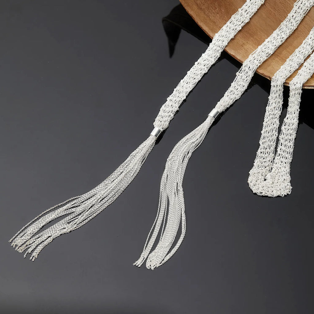 Long Tassel Necklace in 925 Sterling Silver Multi Strand Chain with Italian Inspiration