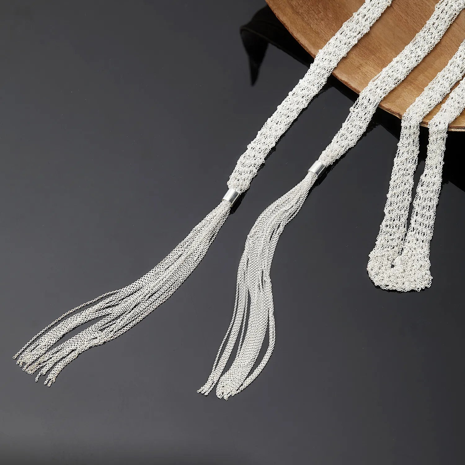 Long Tassel Necklace in 925 Sterling Silver Multi Strand Chain with Italian Inspiration