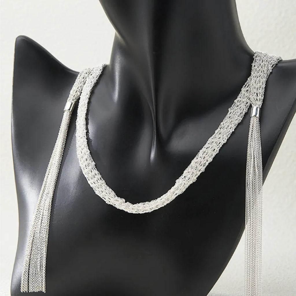 Long Tassel Necklace in 925 Sterling Silver Multi Strand Chain with Italian Inspiration