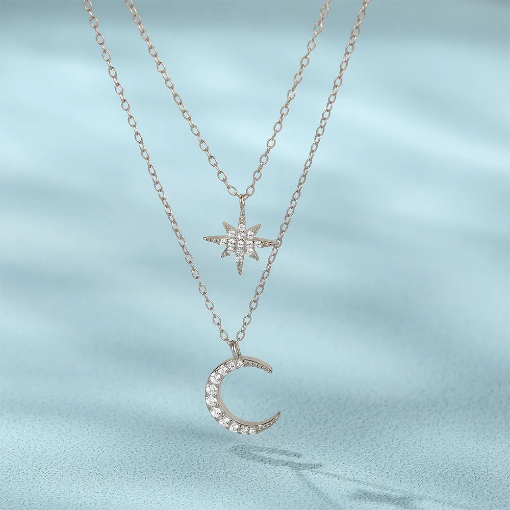 Moon And Star Necklace 925 Sterling Silver Layered Starburst