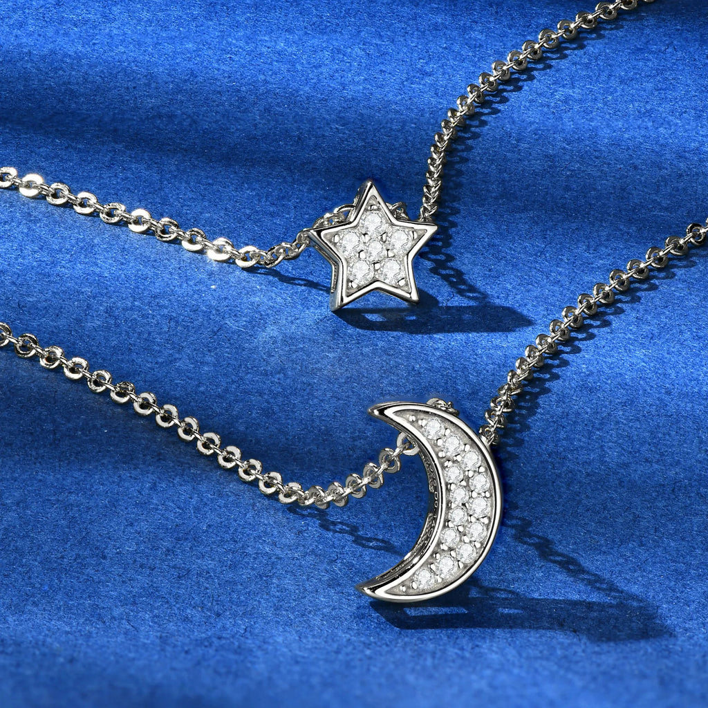 Crescent Moon And Star Necklace 925 Sterling Silver Double Layer With Moissanite Accents