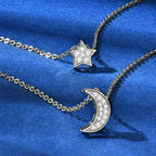Crescent Moon And Star Necklace 925 Sterling Silver Double Layer With Moissanite Accents
