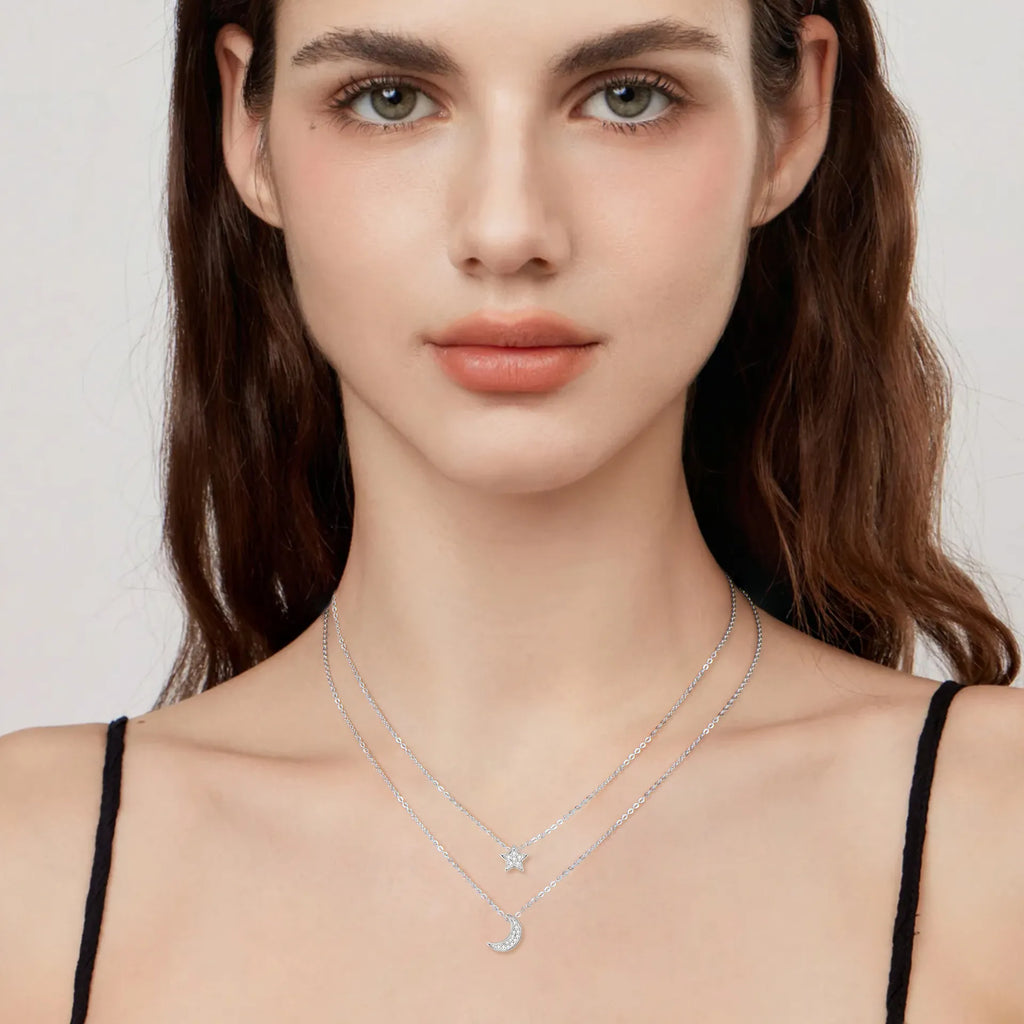 Crescent Moon And Star Necklace 925 Sterling Silver Double Layer With Moissanite Accents