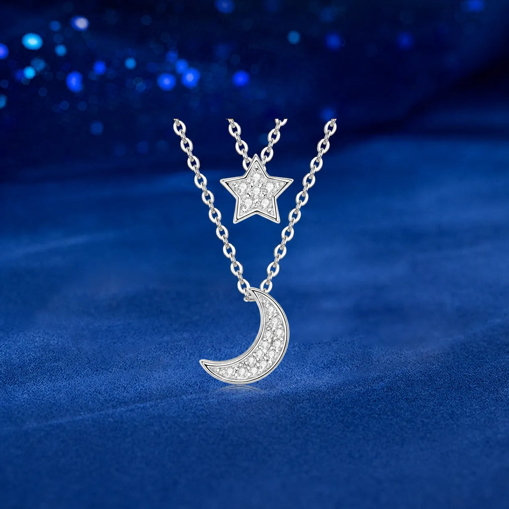 Crescent Moon And Star Necklace 925 Sterling Silver Double Layer With Moissanite Accents