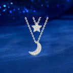 Crescent Moon And Star Necklace 925 Sterling Silver Double Layer With Moissanite Accents