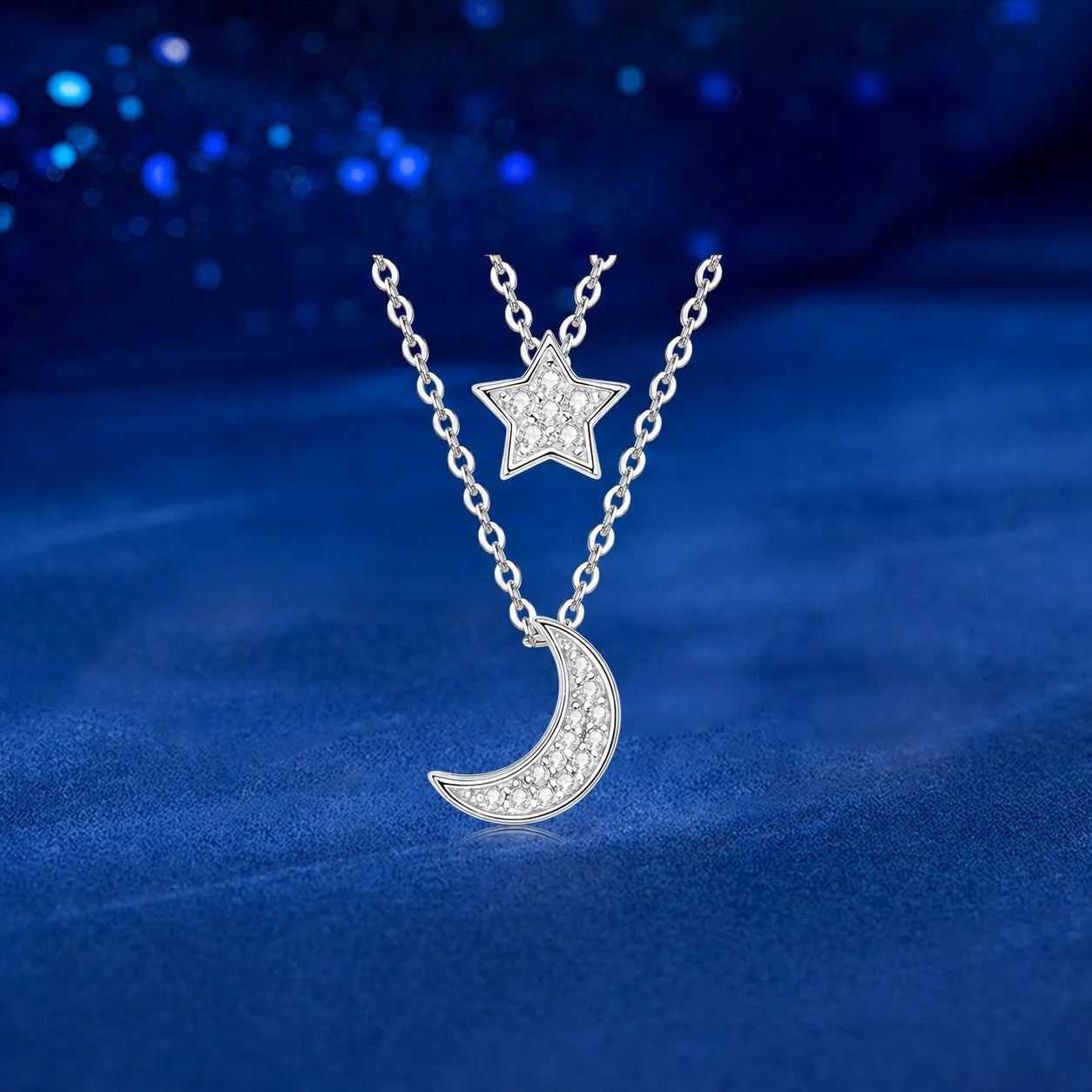 Crescent Moon And Star Necklace 925 Sterling Silver Double Layer With Moissanite Accents