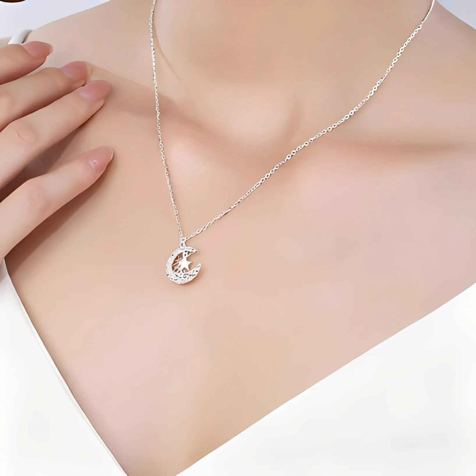 Moon And Star Necklace 925 Sterling Silver Woven Moon Design