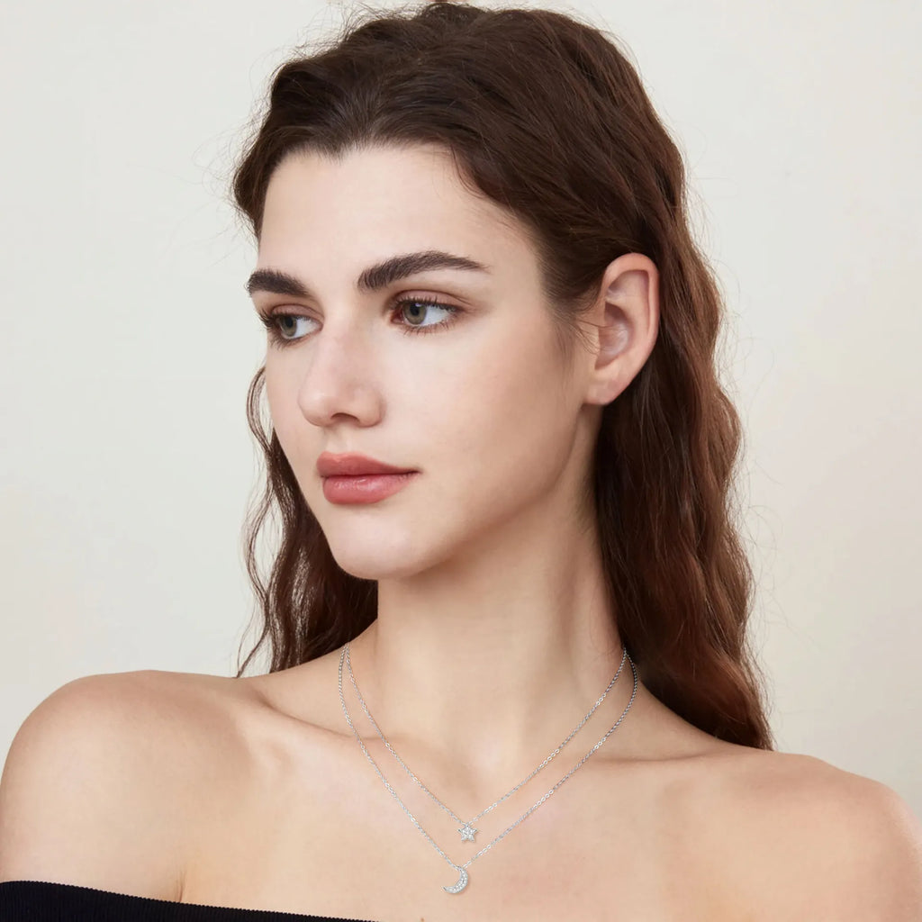 Crescent Moon And Star Necklace 925 Sterling Silver Double Layer With Moissanite Accents