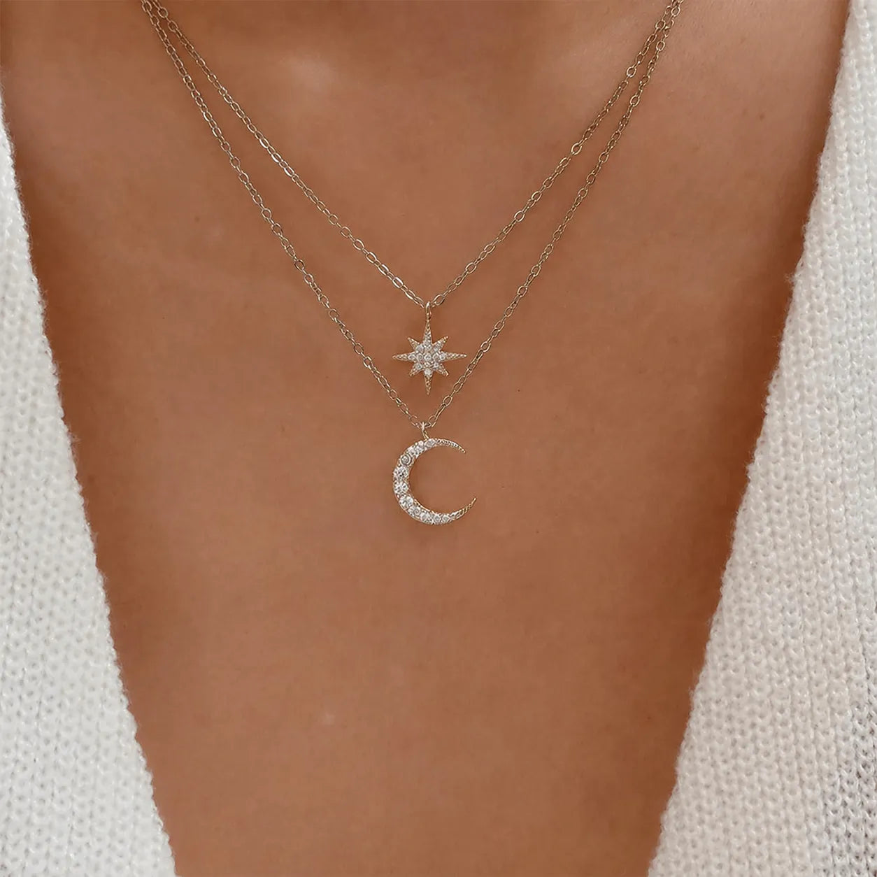 Moon And Star Necklace 925 Sterling Silver Layered Starburst