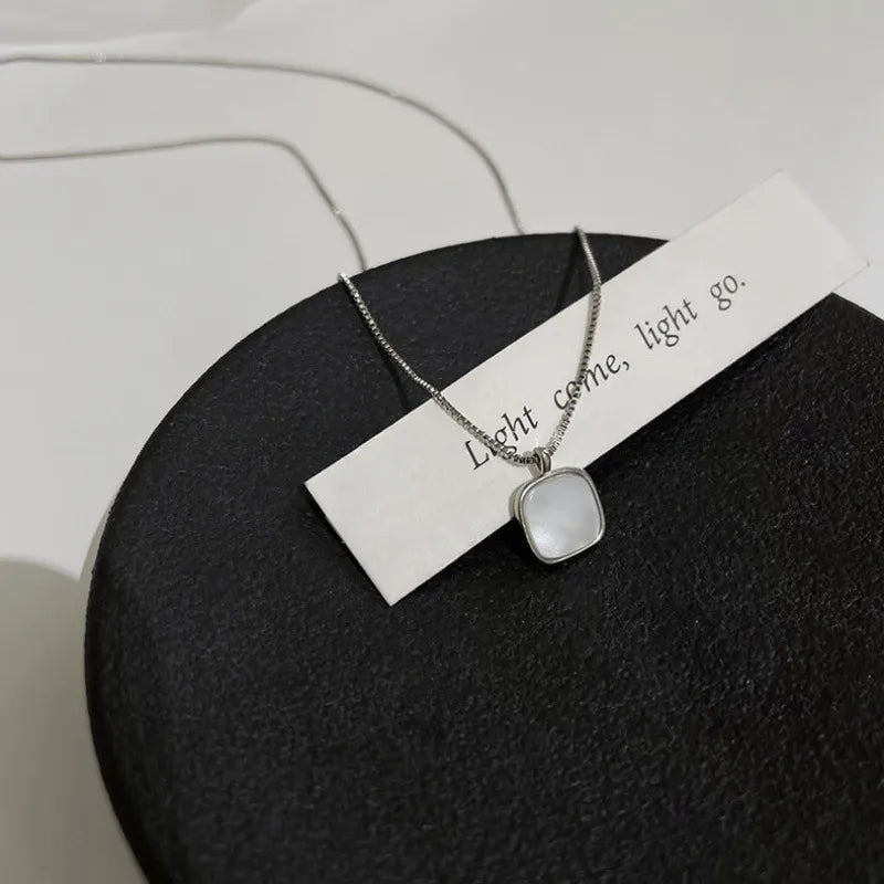 Mother of Pearl Necklace 925 Sterling Silver Rounded Square Pendant