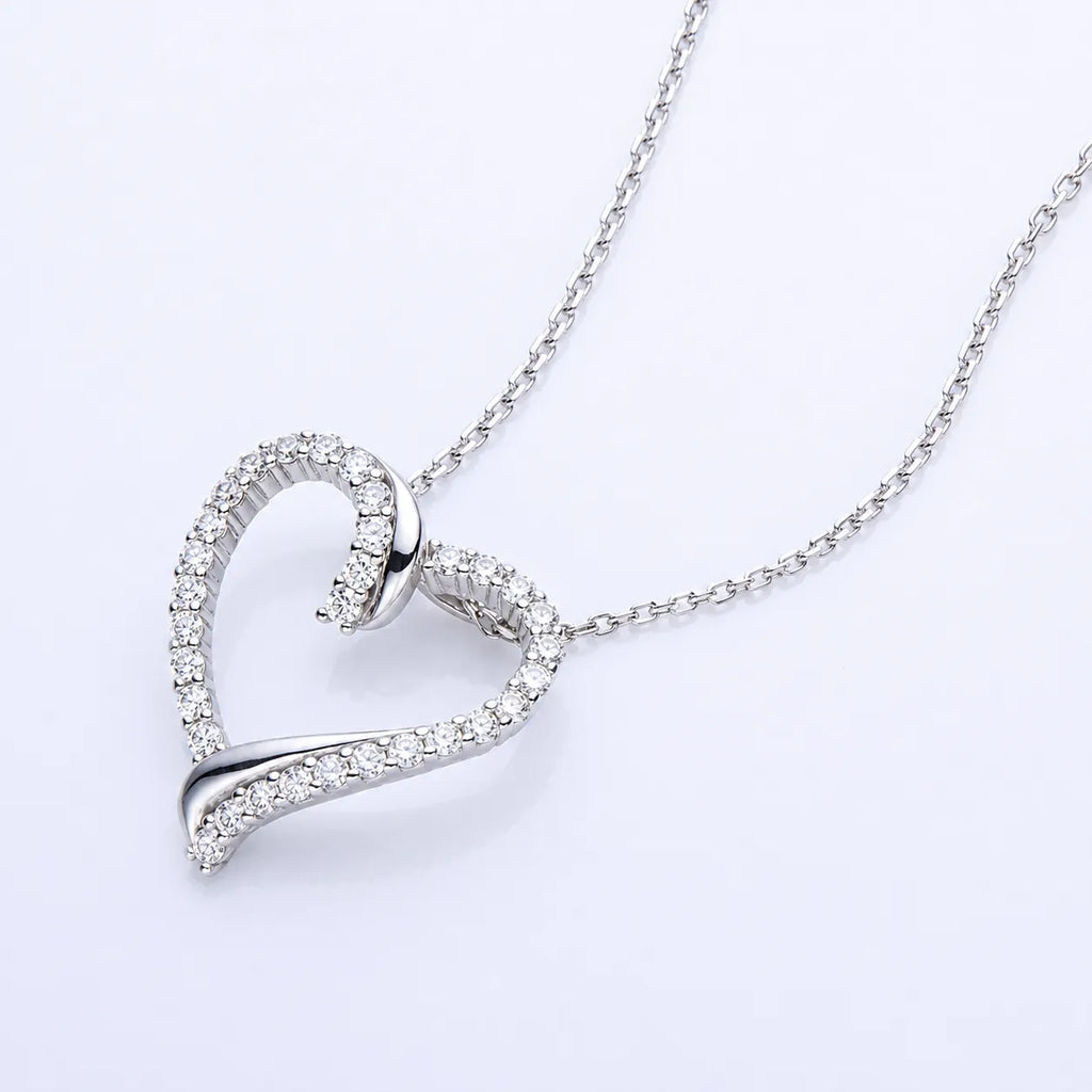 Open Heart Necklace 925 Sterling Silver with Cubic Zirconia Border and Curved Metal Detail