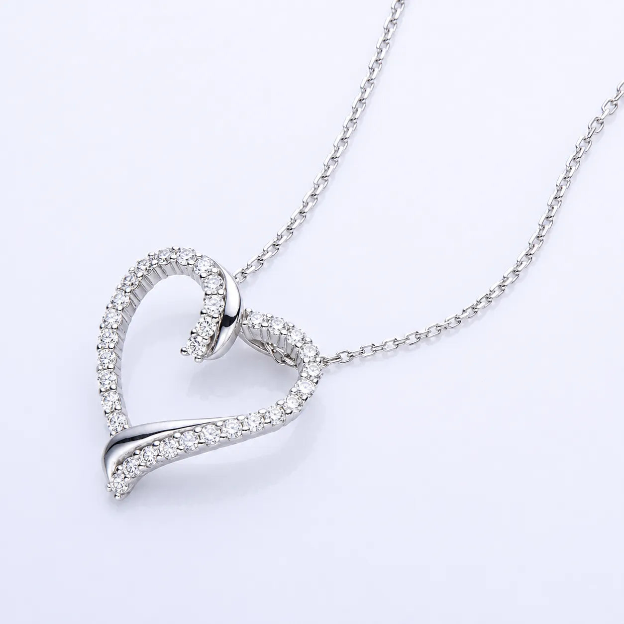 Open Heart Necklace 925 Sterling Silver with Cubic Zirconia Border and Curved Metal Detail