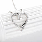 Open Heart Necklace 925 Sterling Silver with Cubic Zirconia Border and Curved Metal Detail