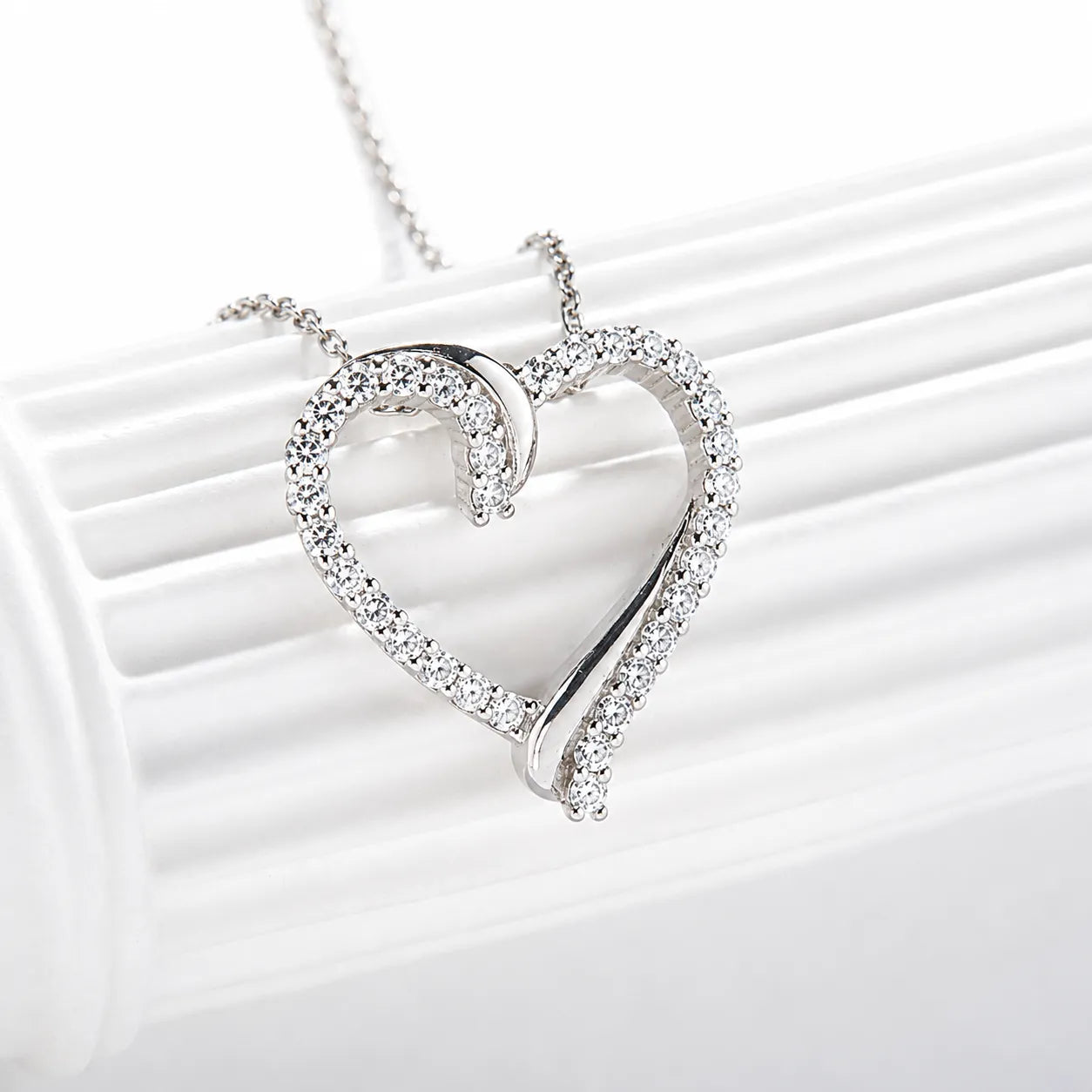 Open Heart Necklace 925 Sterling Silver with Cubic Zirconia Border and Curved Metal Detail