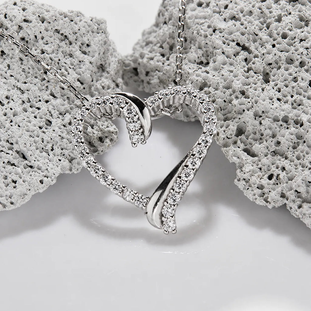 Open Heart Necklace 925 Sterling Silver with Cubic Zirconia Border and Curved Metal Detail