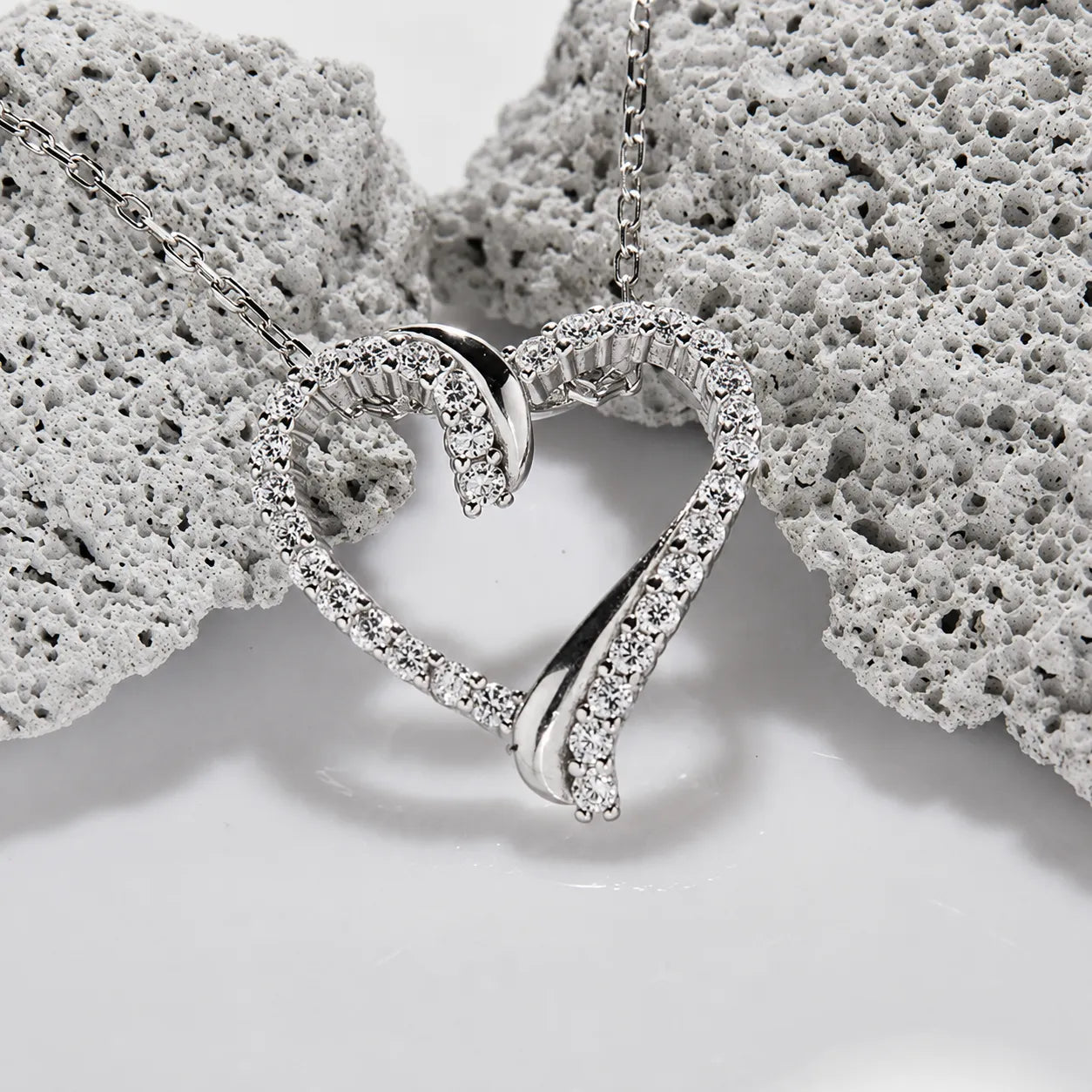 Open Heart Necklace 925 Sterling Silver with Cubic Zirconia Border and Curved Metal Detail