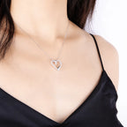 Open Heart Necklace 925 Sterling Silver with Cubic Zirconia Border and Curved Metal Detail