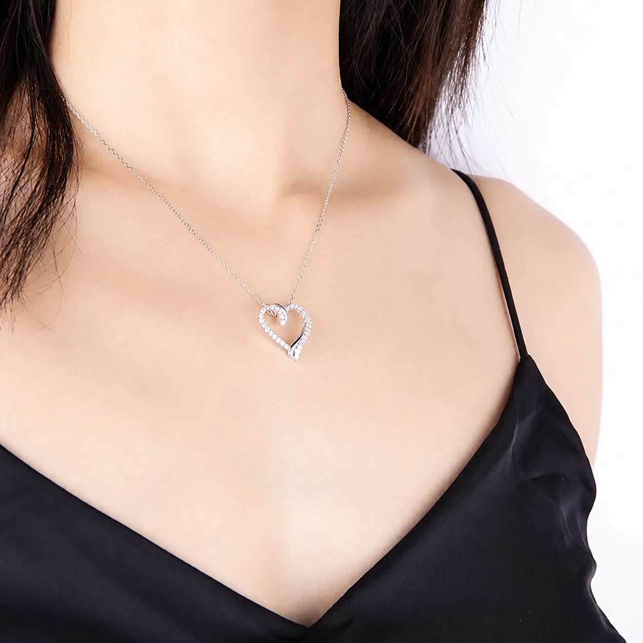 Open Heart Necklace 925 Sterling Silver with Cubic Zirconia Border and Curved Metal Detail