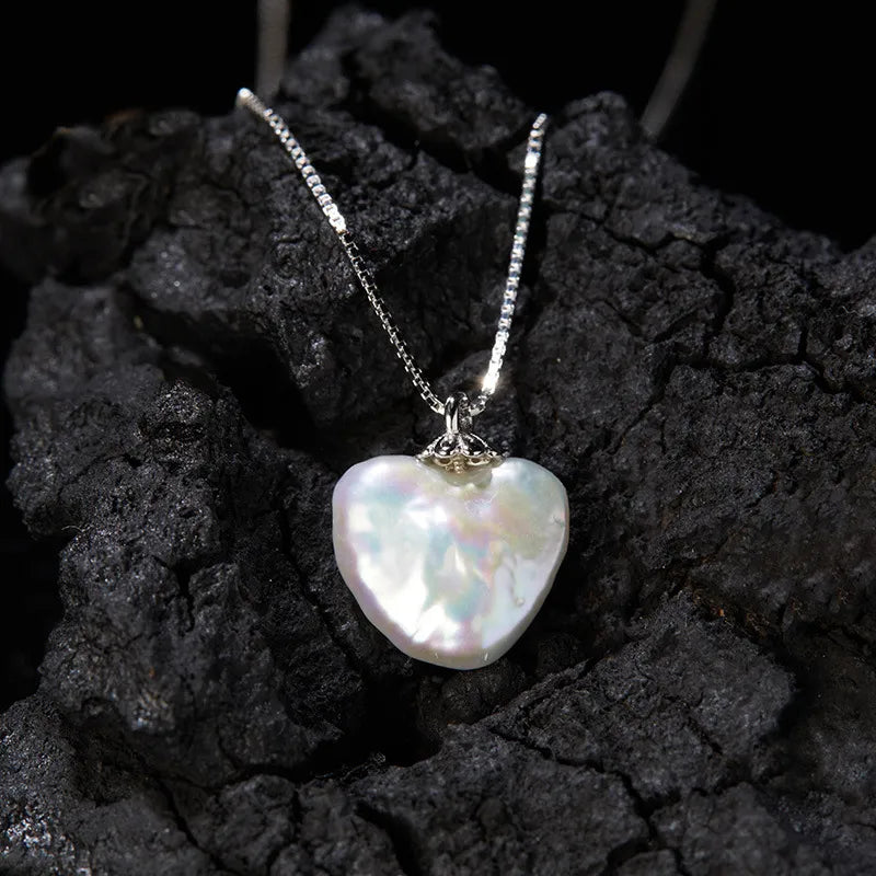 Pearl Heart Necklace 925 Sterling Silver Natural Baroque Pearl Pendant