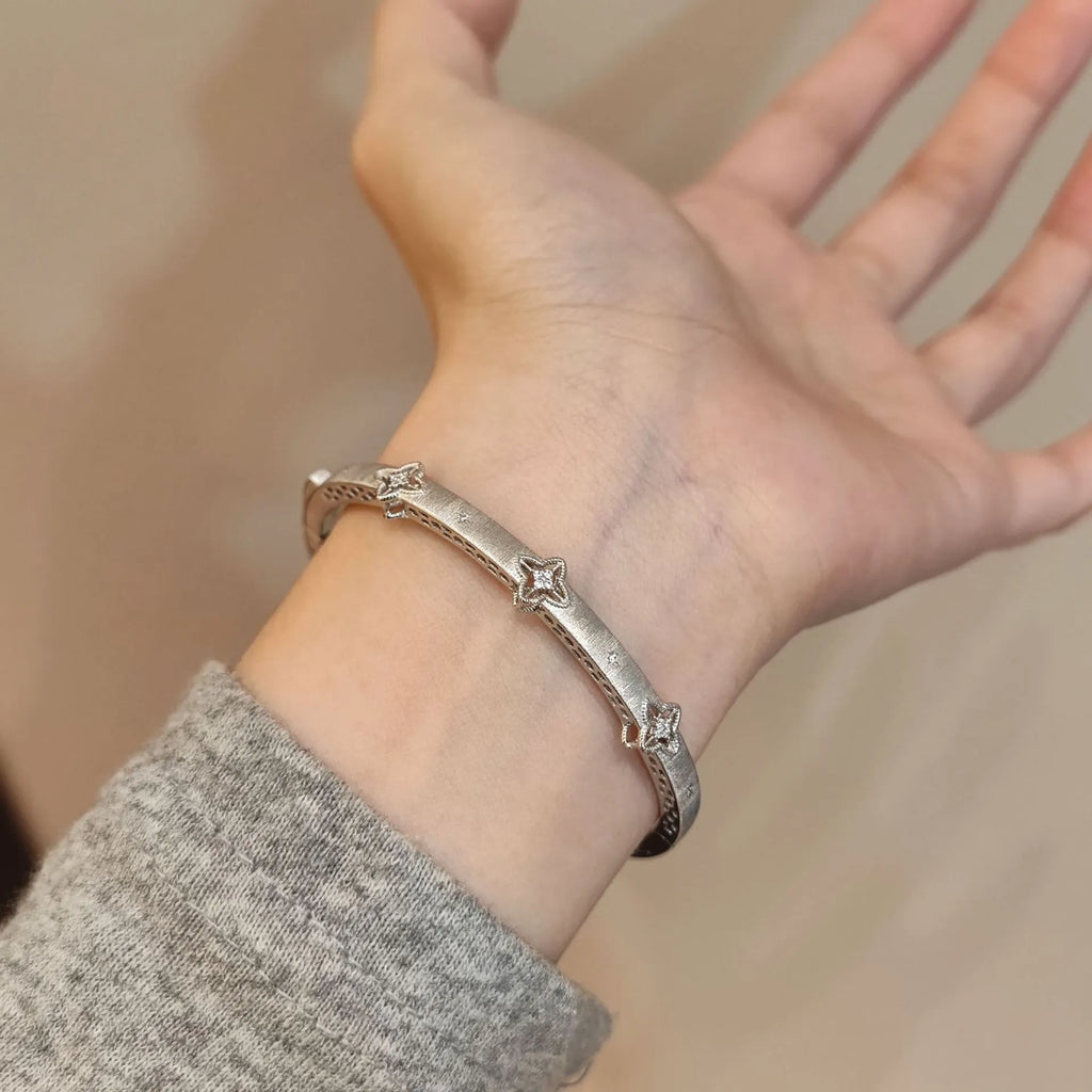 Quatrefoil Bracelet 925 Sterling Silver Brushed Openwork Bangle With Cubic Zirconia