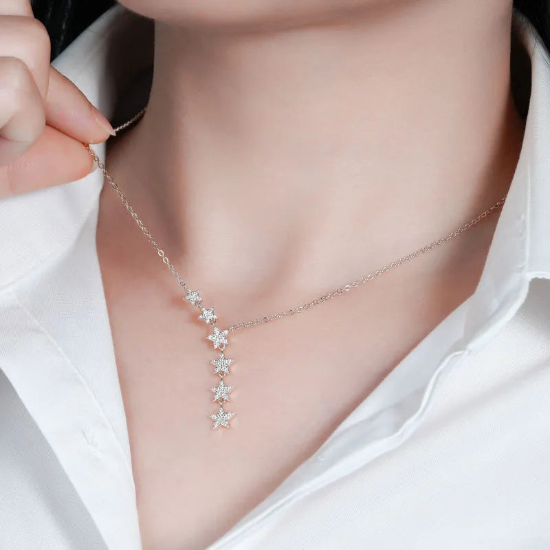 Star Necklace 925 Sterling Silver Moissanite Six Star Drop Design
