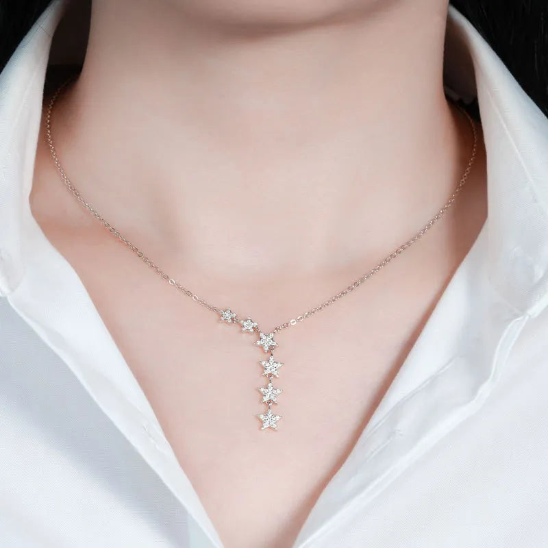 Star Necklace 925 Sterling Silver Moissanite Six Star Drop Design