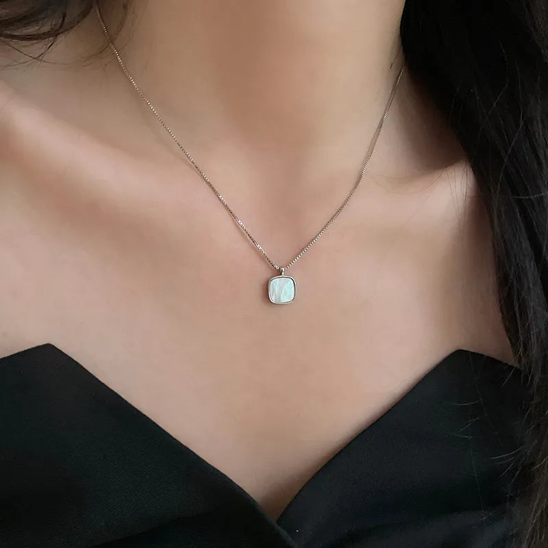 Mother of Pearl Necklace 925 Sterling Silver Rounded Square Pendant