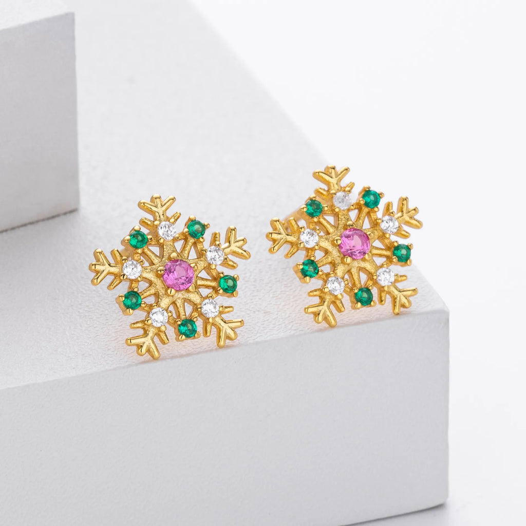 Snowflake Stud Earrings 925 Sterling Silver Cubic Zirconia Multicolor