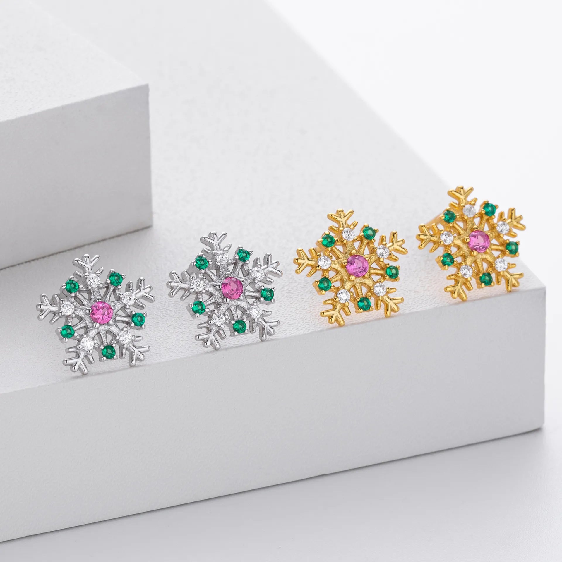 Snowflake Stud Earrings 925 Sterling Silver Cubic Zirconia Multicolor