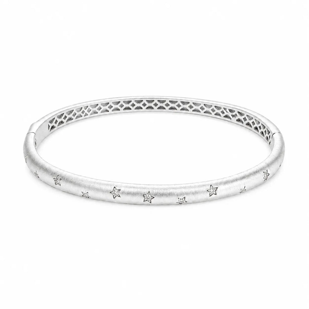 Star Bangle 925 Sterling Silver Brushed Finish With Cubic Zirconia Accents