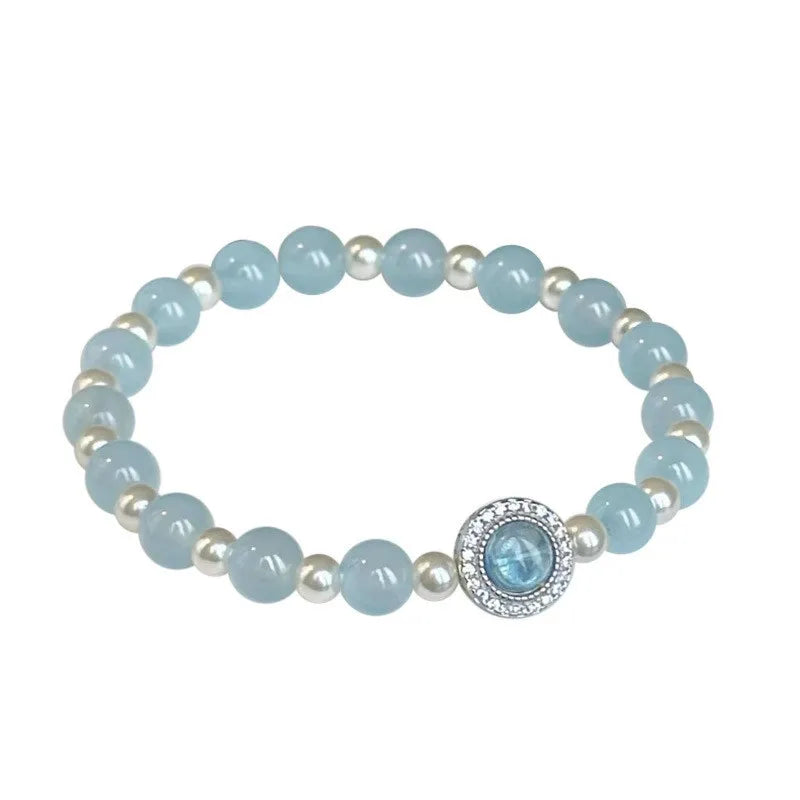 925 Sterling Silver Beaded Bracelet with Aquamarine and Imitation Pearl Beads