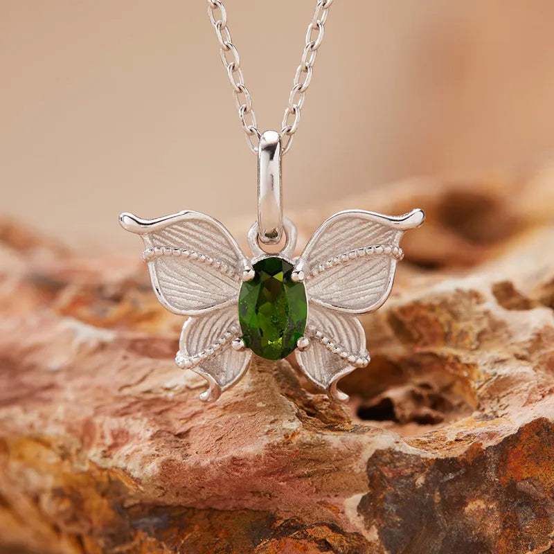 925 Sterling Silver Butterfly Necklace with Natural Gemstone