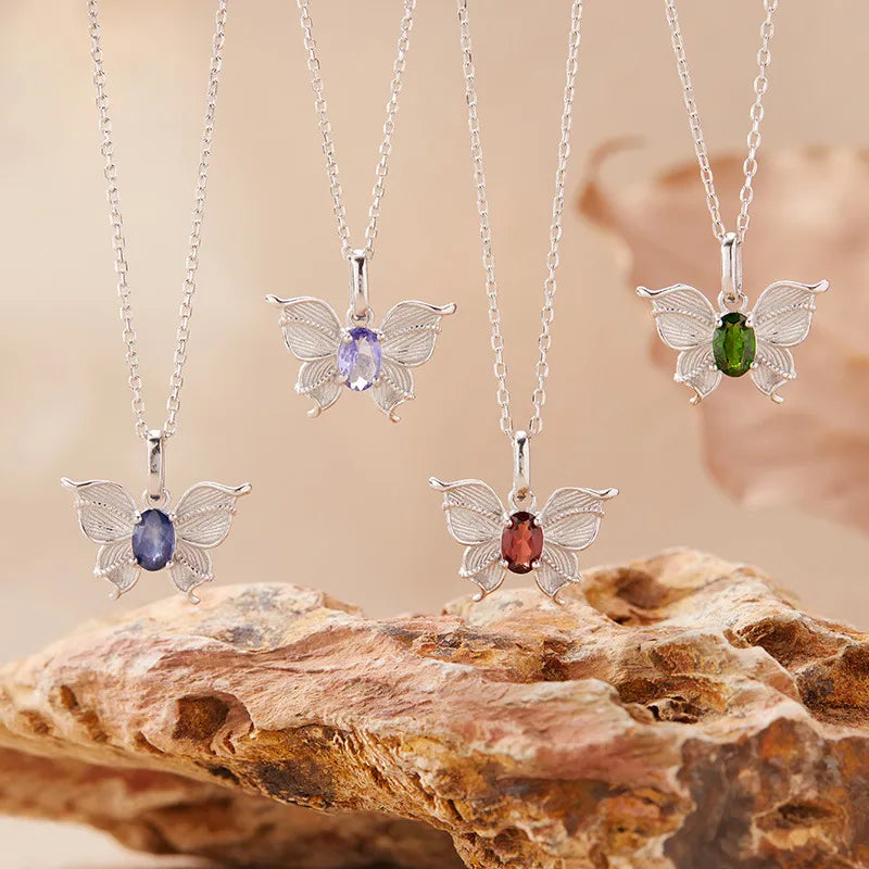 925 Sterling Silver Butterfly Necklace with Natural Gemstone