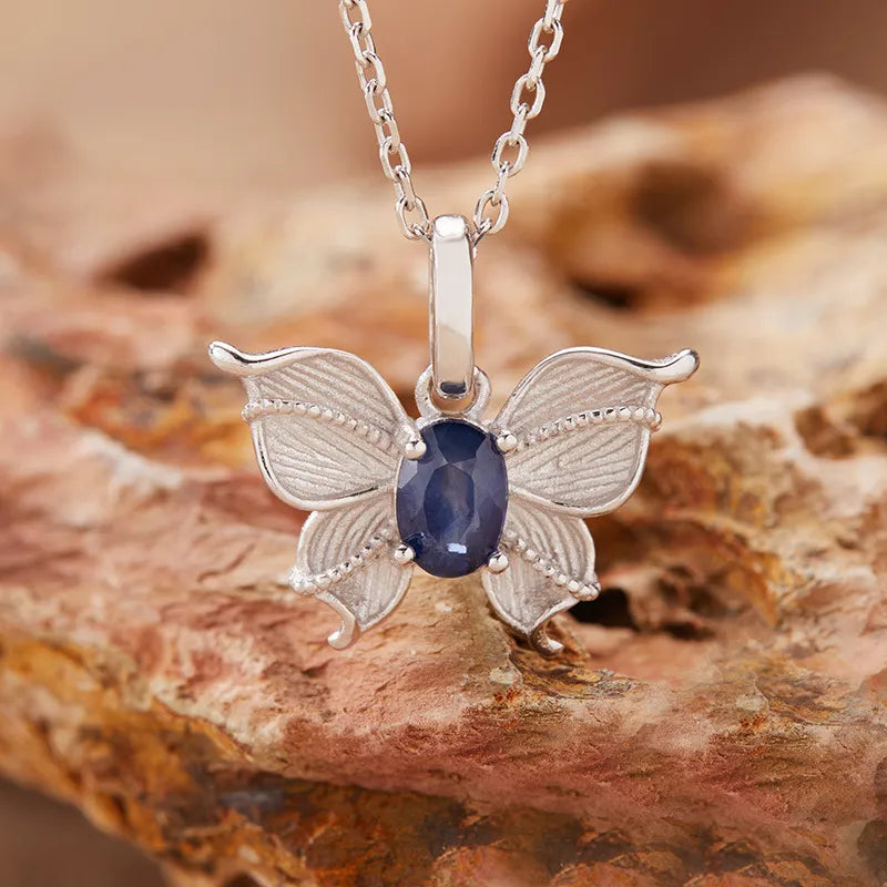 925 Sterling Silver Butterfly Necklace with Natural Gemstone