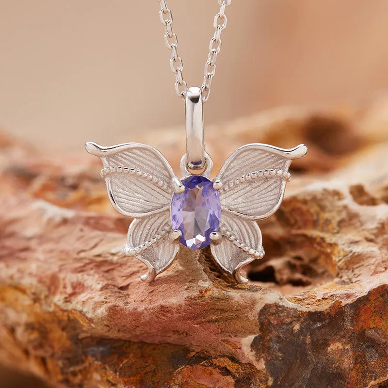 925 Sterling Silver Butterfly Necklace with Natural Gemstone