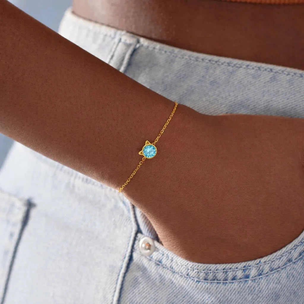 925 Sterling Silver Birthstone Bracelet with Cat Cubic Zirconia for Women
