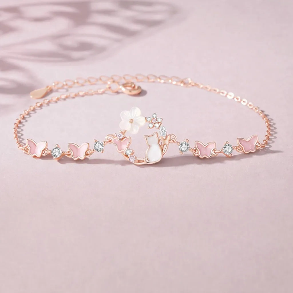 925 Sterling Silver Flower Bracelet with Butterfly and Cat Motifs