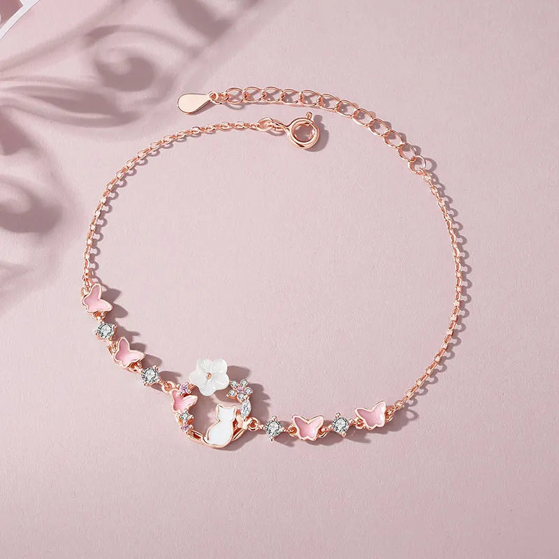 925 Sterling Silver Flower Bracelet with Butterfly and Cat Motifs