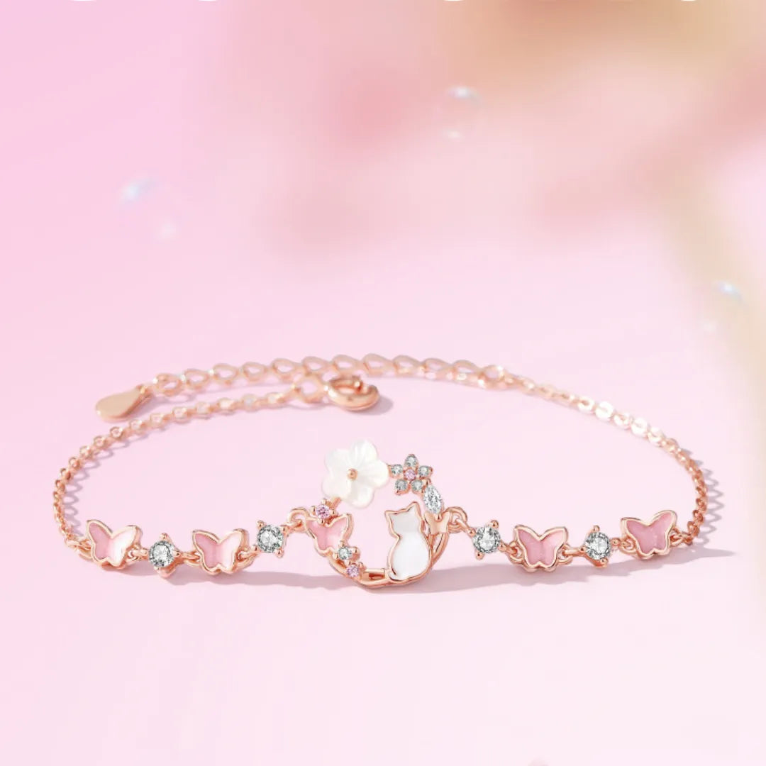925 Sterling Silver Flower Bracelet with Butterfly and Cat Motifs