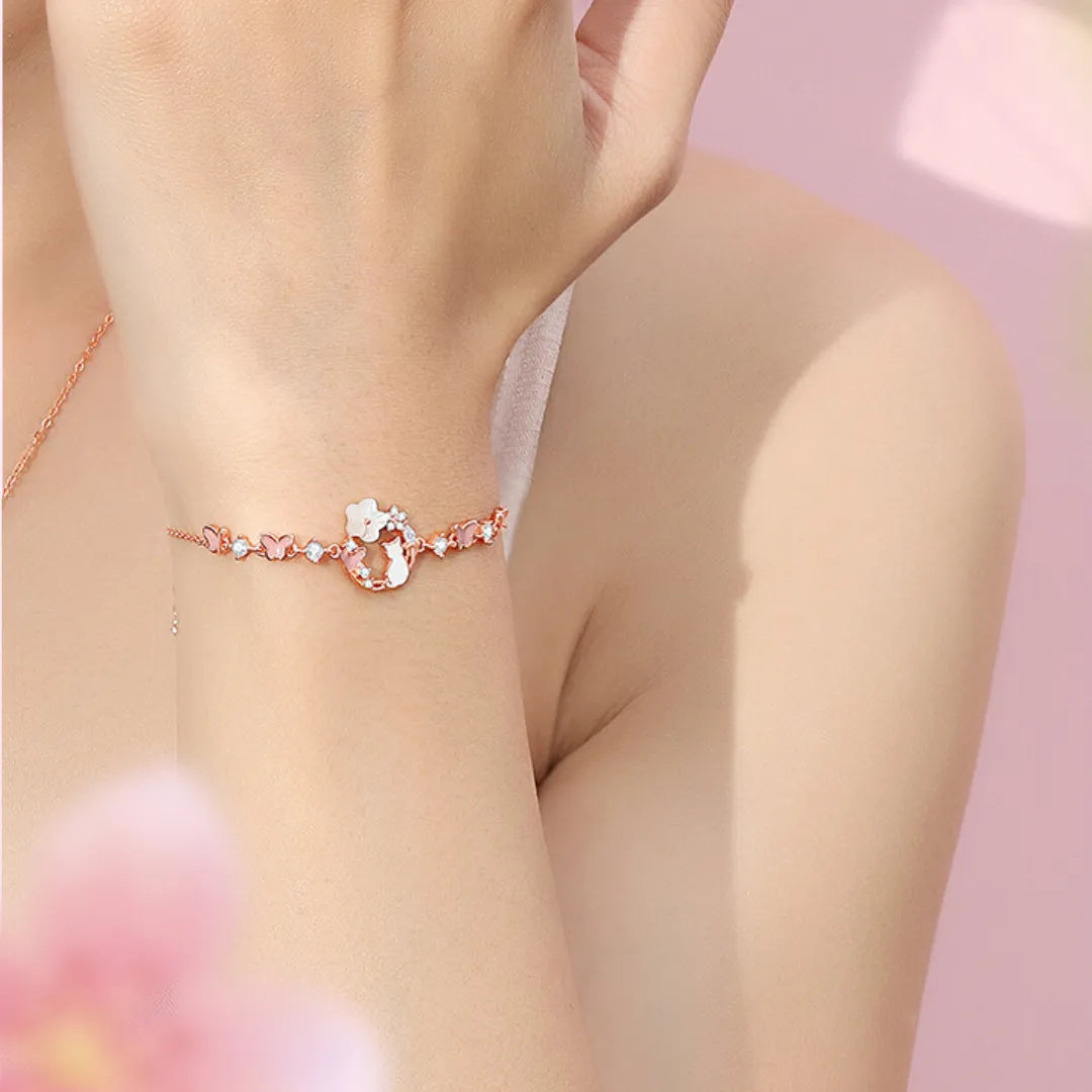 925 Sterling Silver Flower Bracelet with Butterfly and Cat Motifs