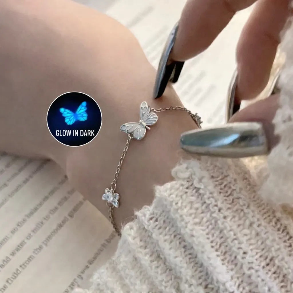 925 Sterling Silver Glow in the Dark Butterfly Bracelet Adjustable