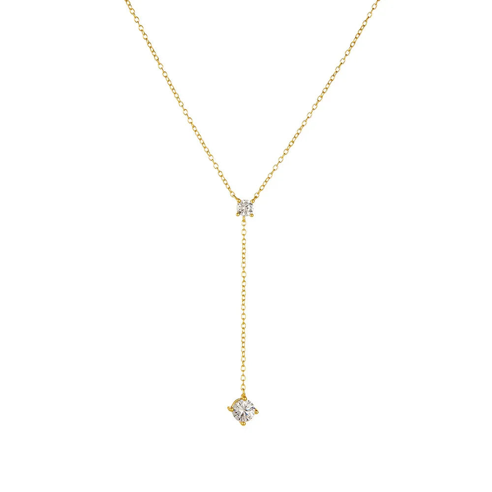 925 Sterling Silver Lariat Necklace with Cubic Zirconia Double Drop
