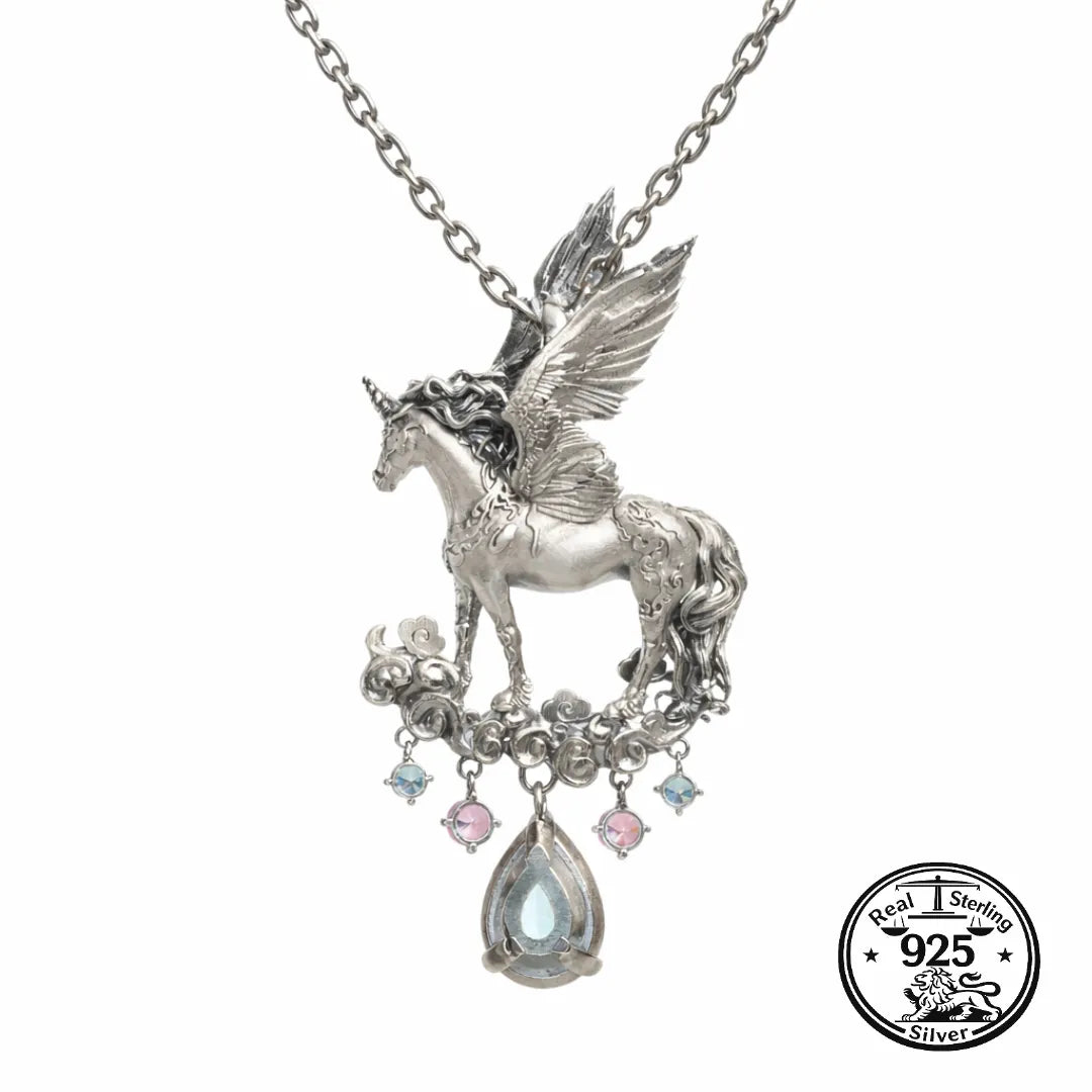 925 Sterling Silver Unicorn Necklace Sculpted Winged Pendant
