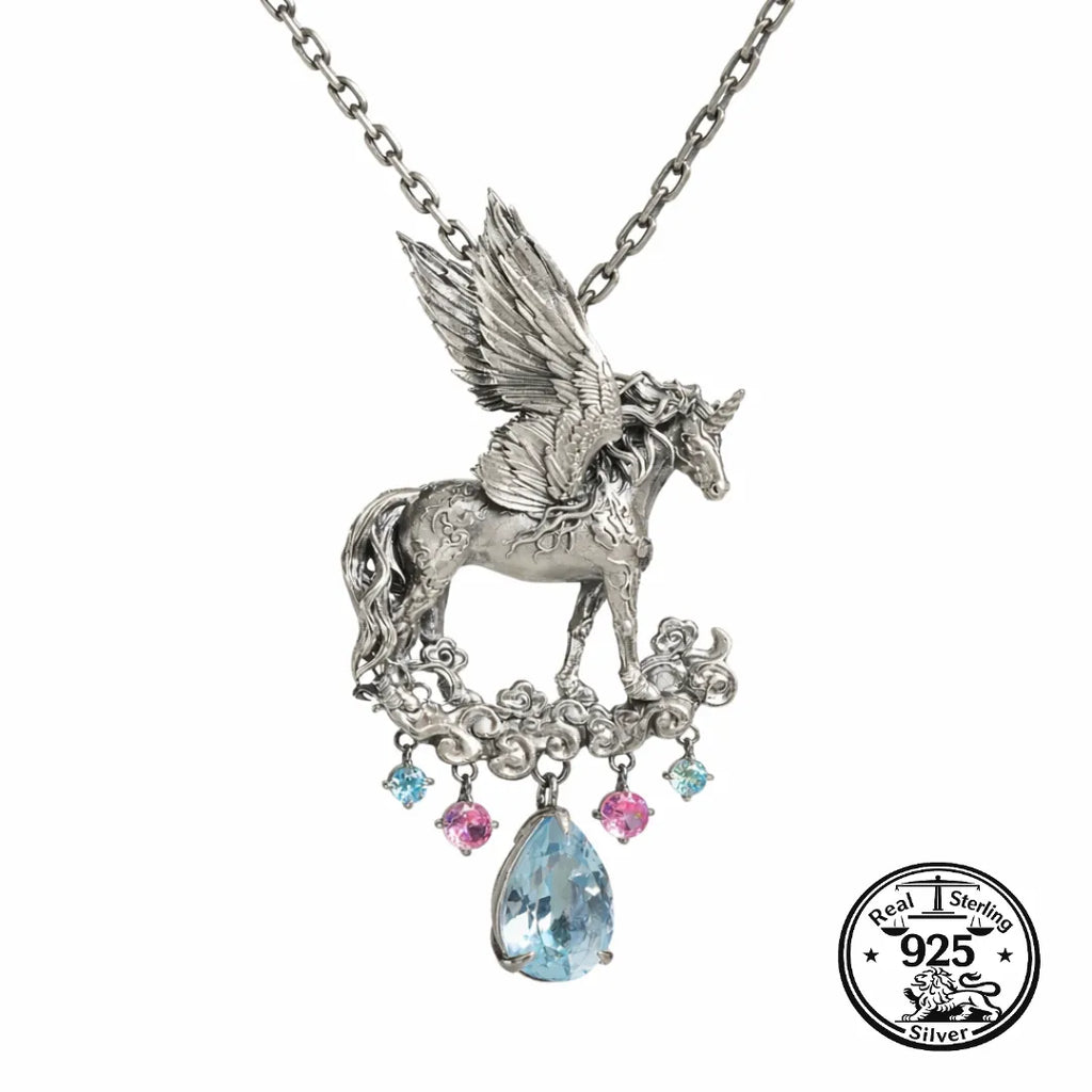 925 Sterling Silver Unicorn Necklace Sculpted Winged Pendant
