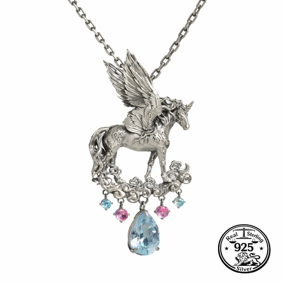 925 Sterling Silver Unicorn Necklace Sculpted Winged Pendant
