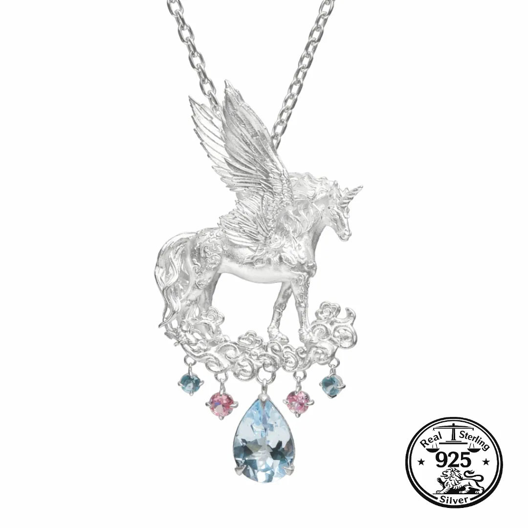925 Sterling Silver Unicorn Necklace Sculpted Winged Pendant