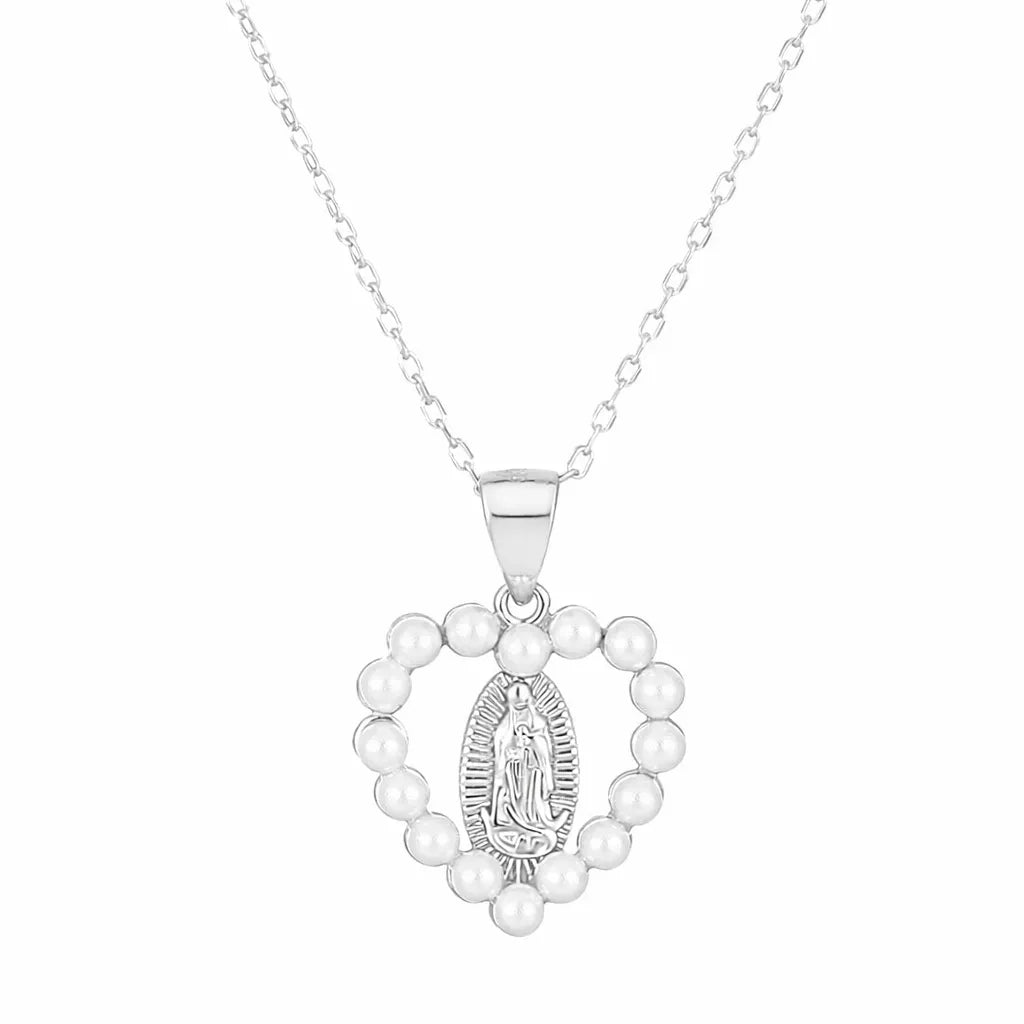 Virgin Mary Necklace Catholic Pearl Heart 925 Sterling Silver Gold Plated 18 Inch Adjustable