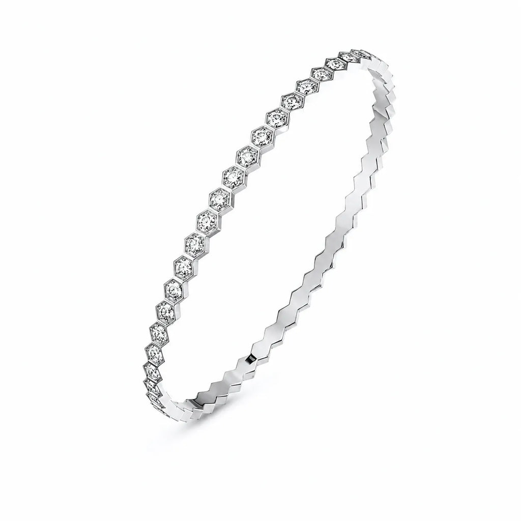 Tennis Bangle 925 Sterling Silver Cubic Zirconia Geometric Faceted Edge Design